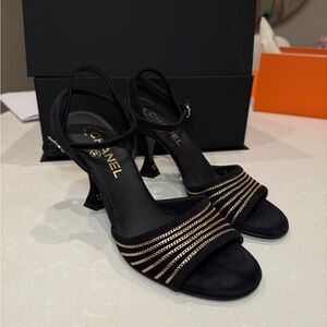 CHANEL Black Heels with Gold Straps